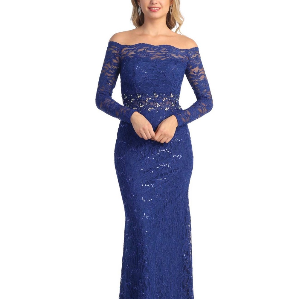 Blue Off-Shoulder Long Sleeve Gown for Prom